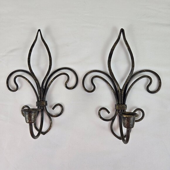 None Other - Pair of Metal Fleur de Lis Sconces Wall Hanging Black Gold Hilights Taper Candle